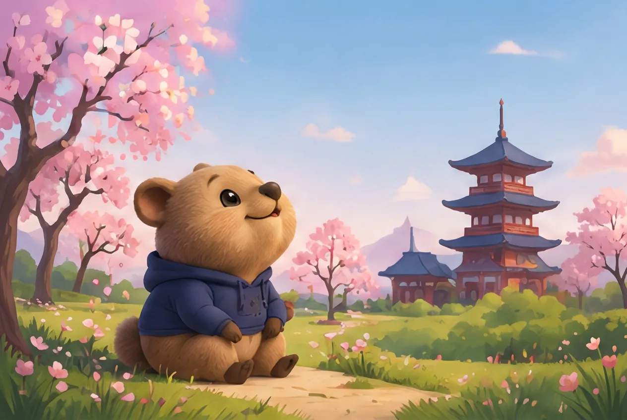 Qwala mascot resting under cherry blossoms near a pagoda